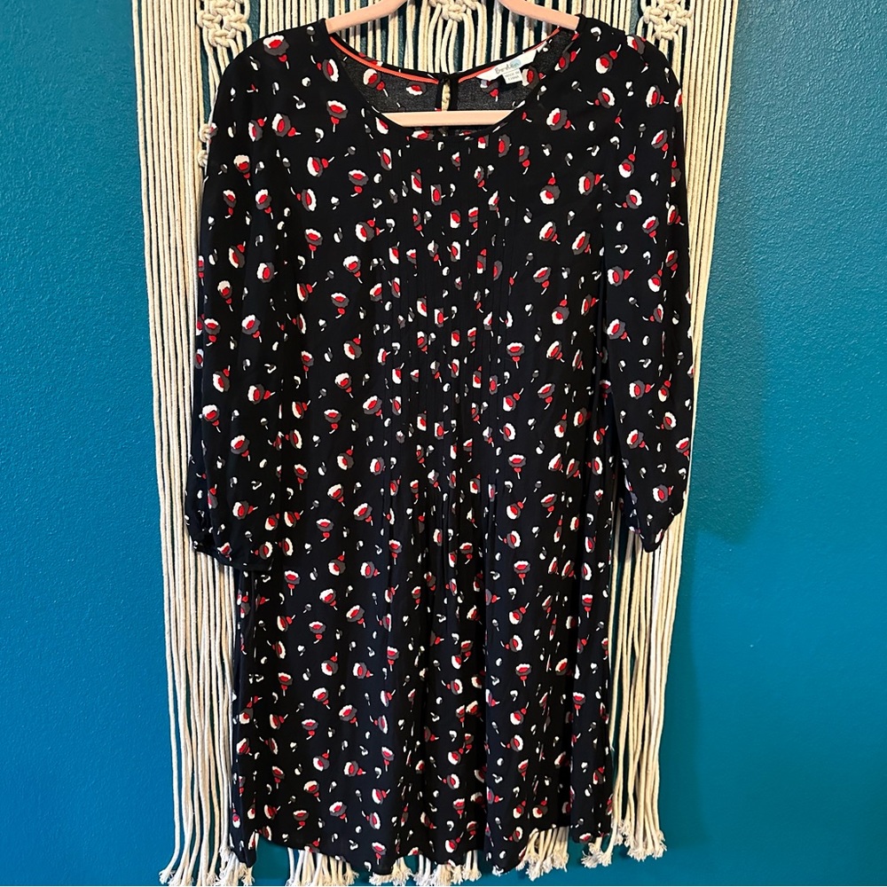 BODEN | Aurelia Black Floral Print 3/4 Sleeve Pleated Tunic Dress 8 Long